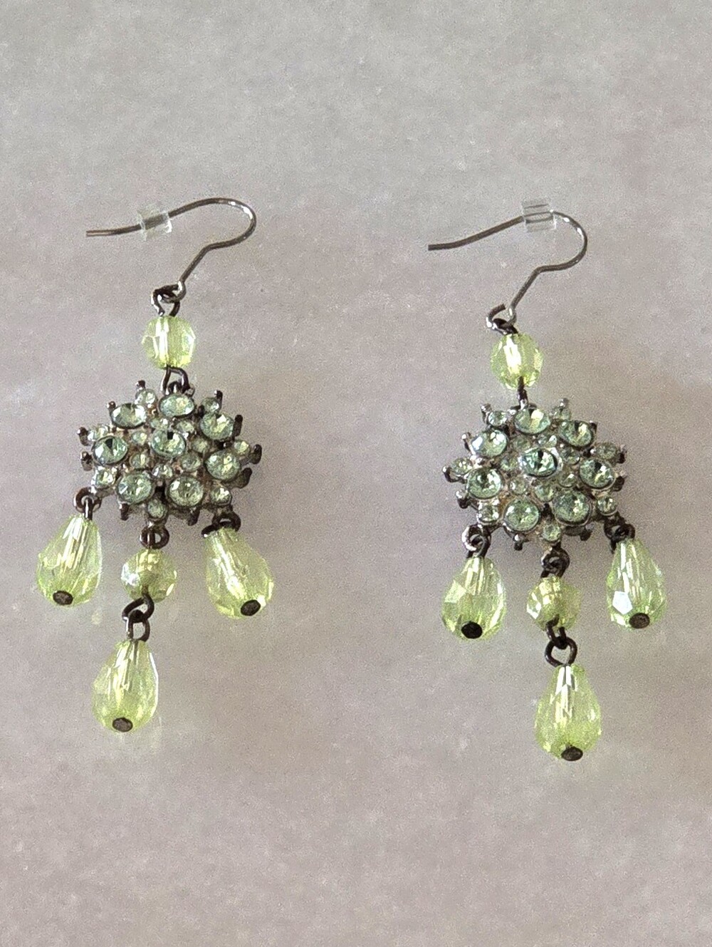 Vtg 70s Chandelier Drop Earrings, Peridot Crystal Rhinestone, Bohemian